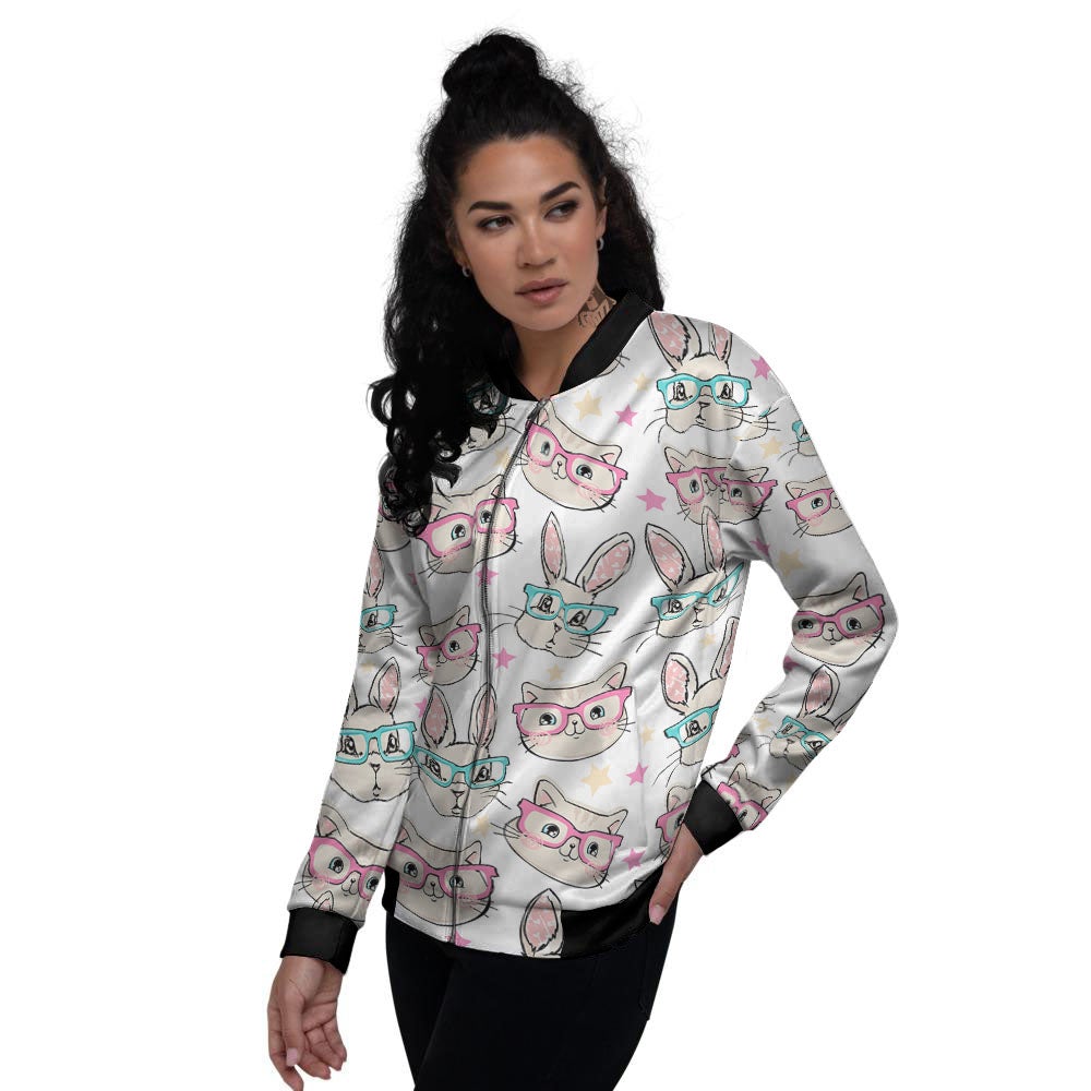 Cat And Rabbit Print Pattern Women's Bomber Jacket-grizzshop