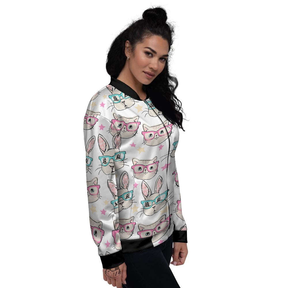 Cat And Rabbit Print Pattern Women's Bomber Jacket-grizzshop