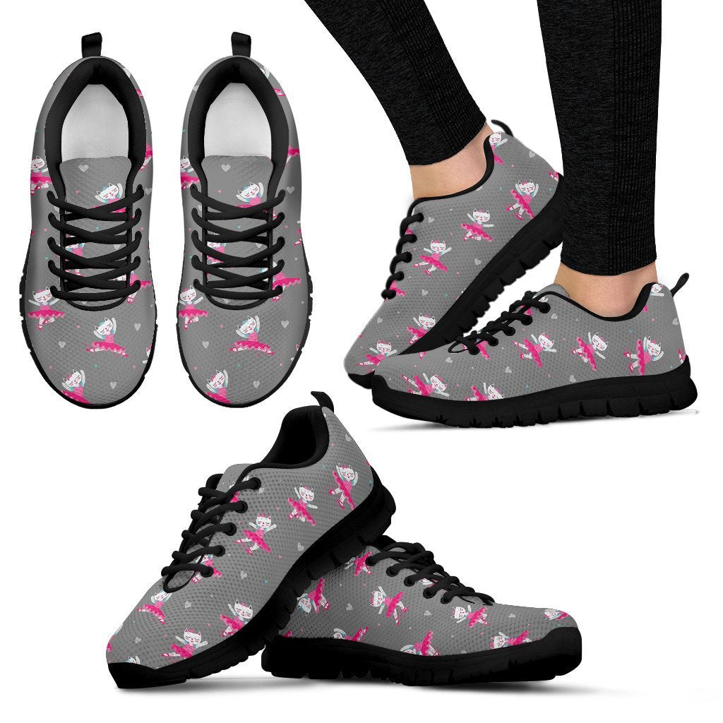Cat Ballet Pattern Print Black Sneaker Shoes For Men Women-grizzshop