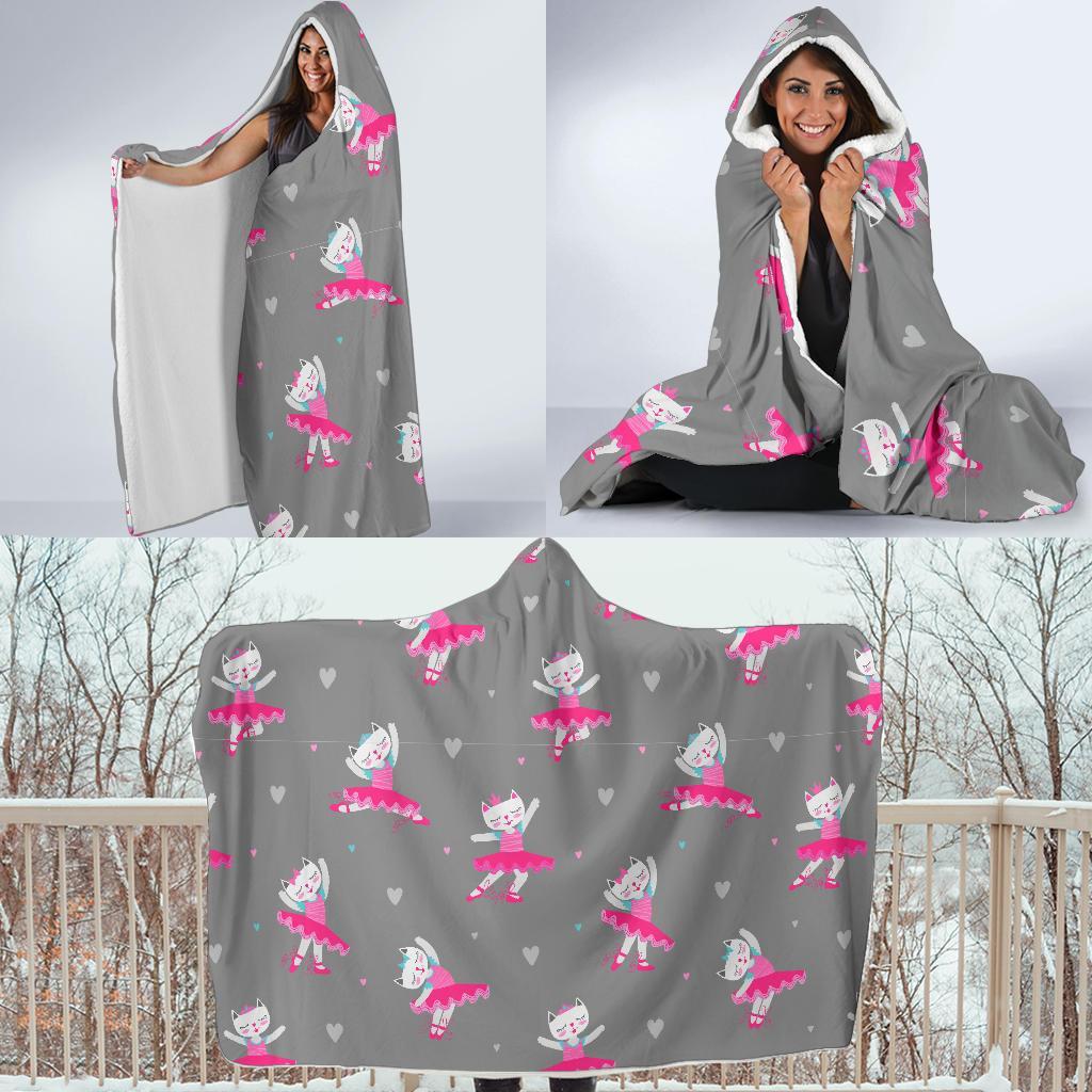 Cat Ballet Pattern Print Hooded Blanket-grizzshop