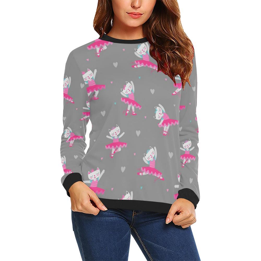 Cat Ballet Pattern Print Women Crewneck Sweatshirt-grizzshop