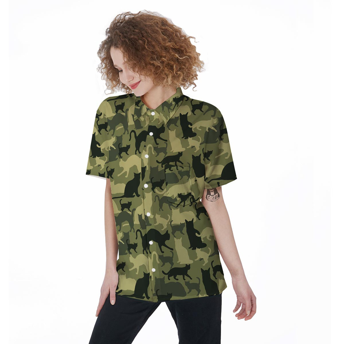 Cat Camouflage Print Women's Short Sleeve Shirts-grizzshop