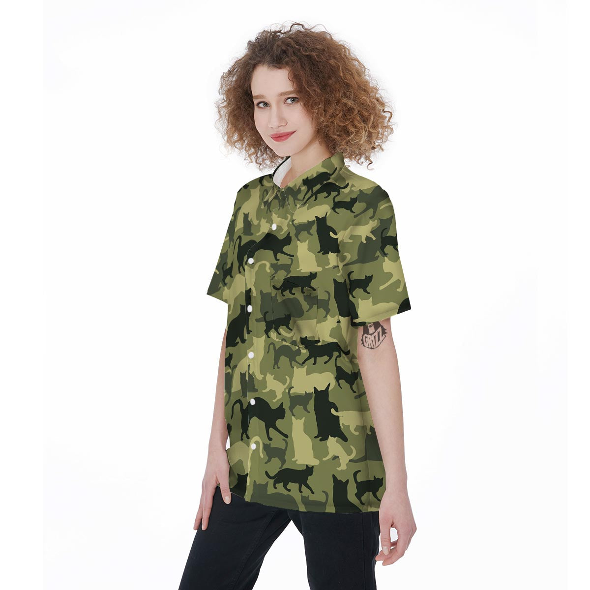 Cat Camouflage Print Women's Short Sleeve Shirts-grizzshop