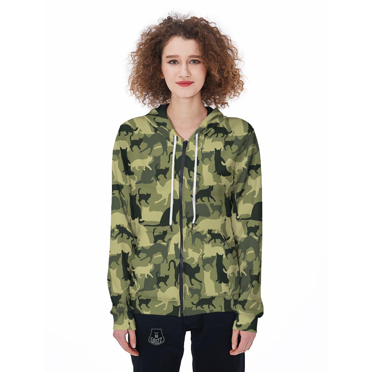 Cat Camouflage Print Women's Zip Up Hoodie-grizzshop