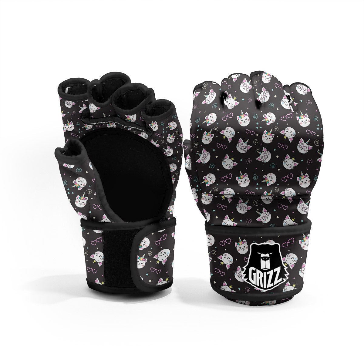 Cat Cute Black Print Pattern MMA Gloves-grizzshop