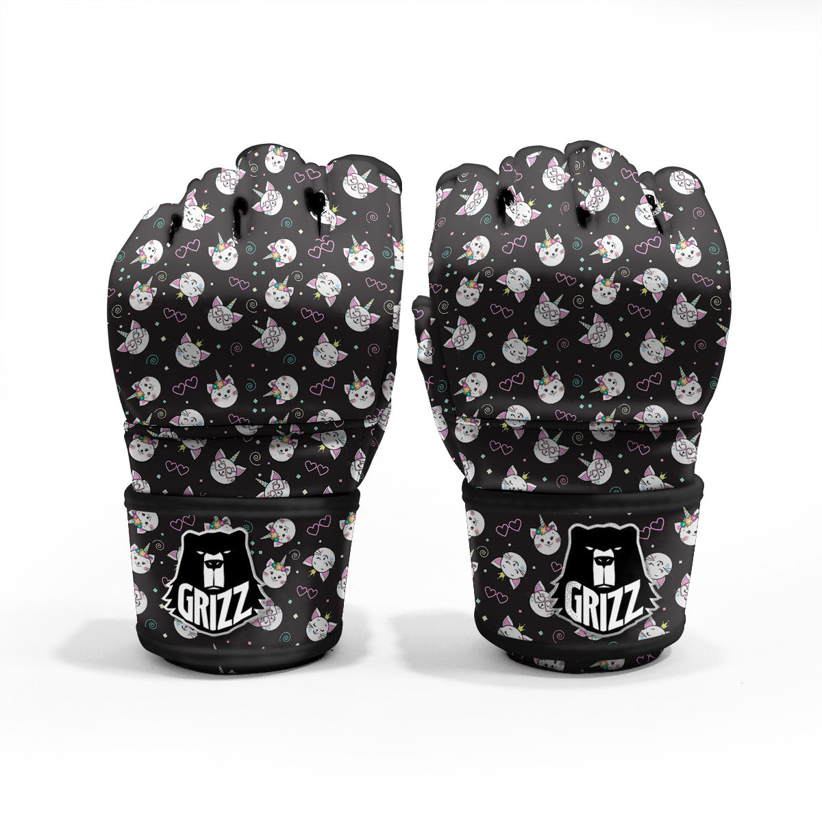 Cat Cute Black Print Pattern MMA Gloves-grizzshop