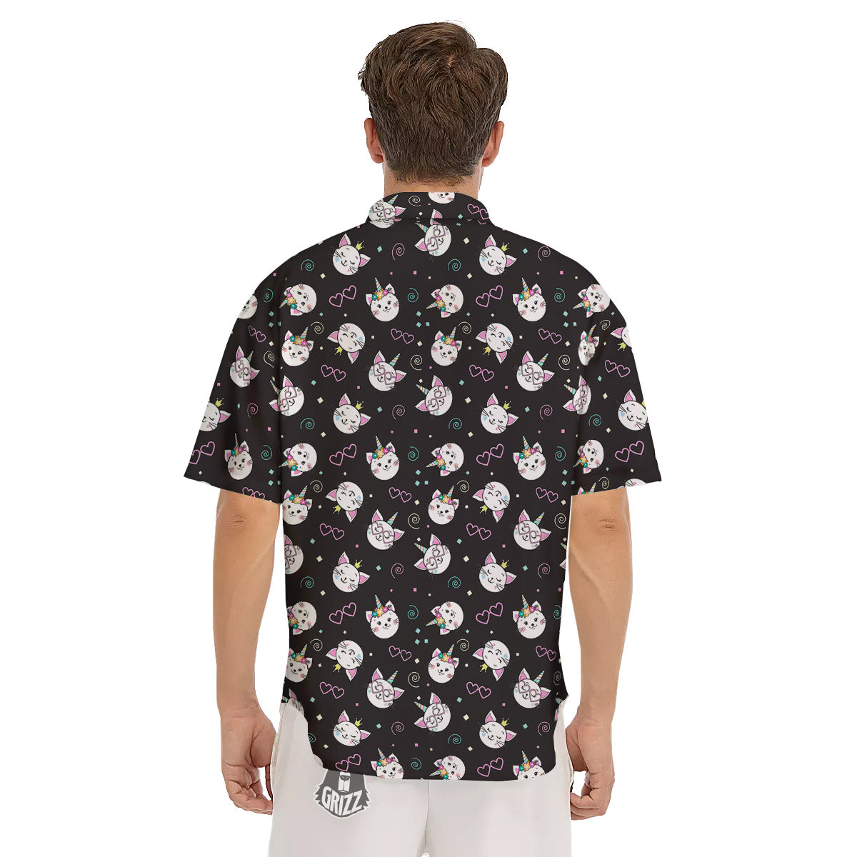 Cat Cute Black Print Pattern Men's Short Sleeve Shirts-grizzshop