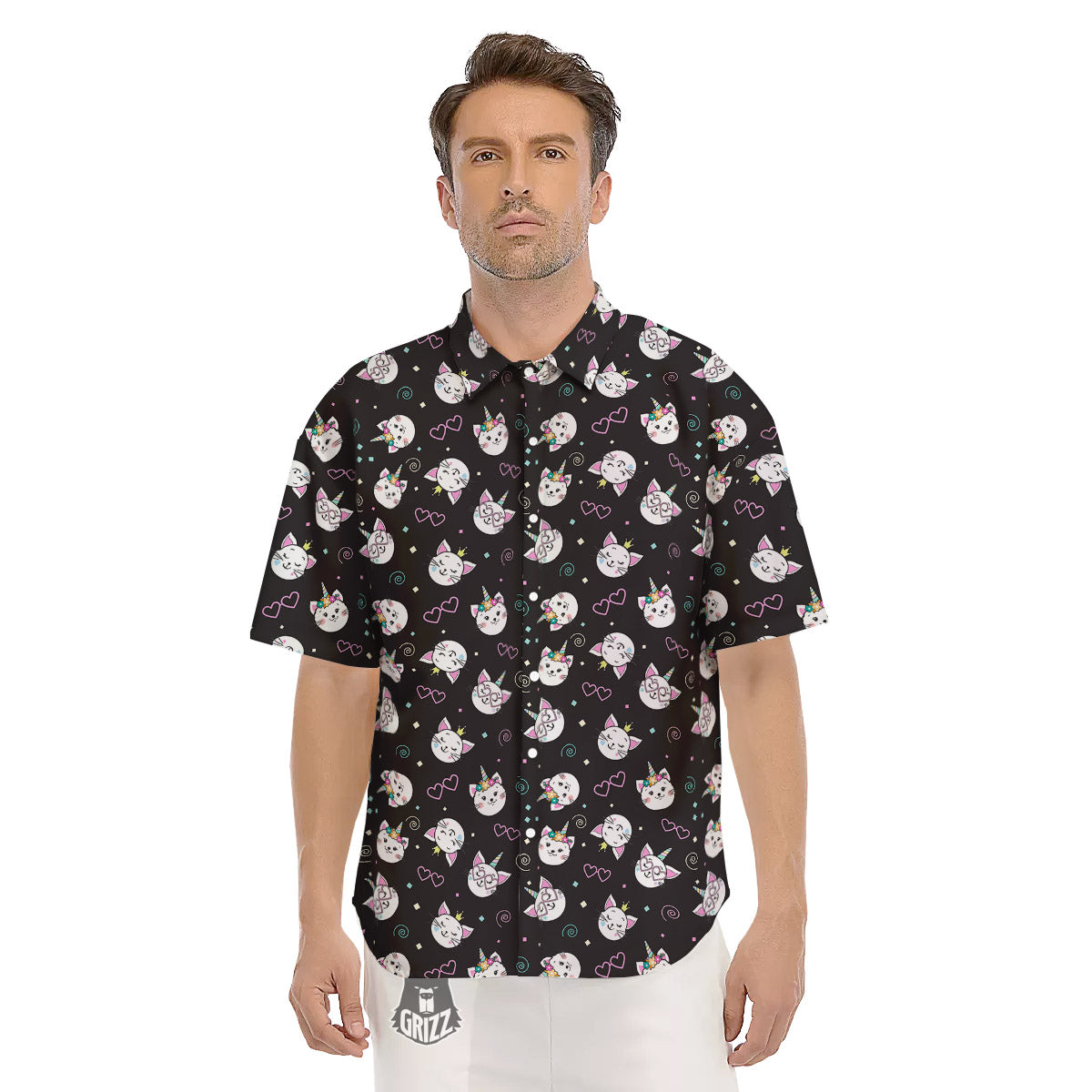 Cat Cute Black Print Pattern Men's Short Sleeve Shirts-grizzshop