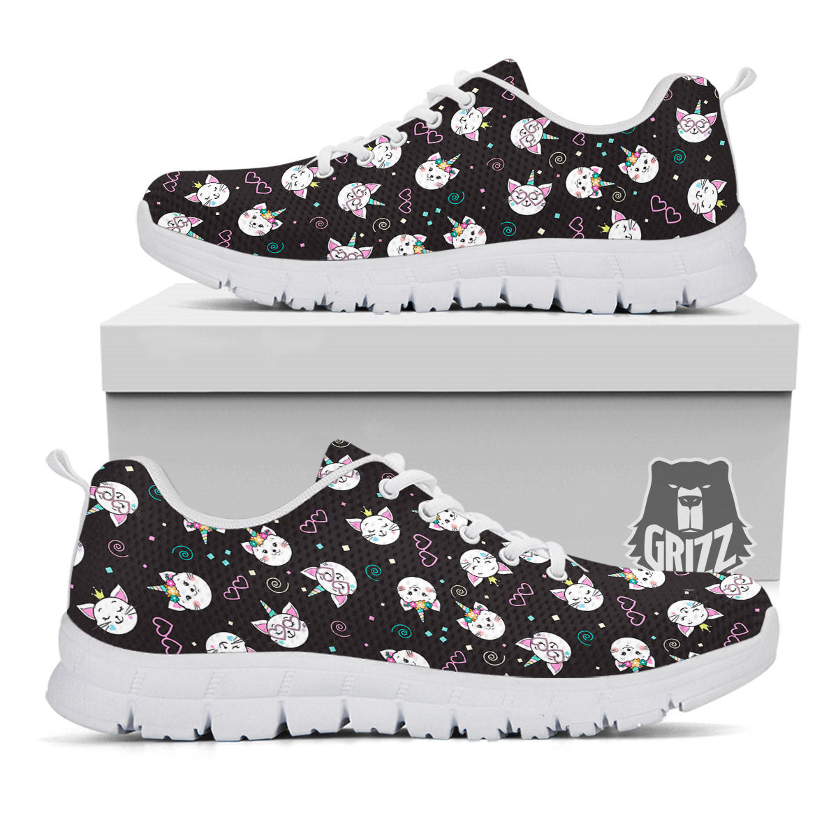 Cat Cute Black Print Pattern White Sneaker-grizzshop