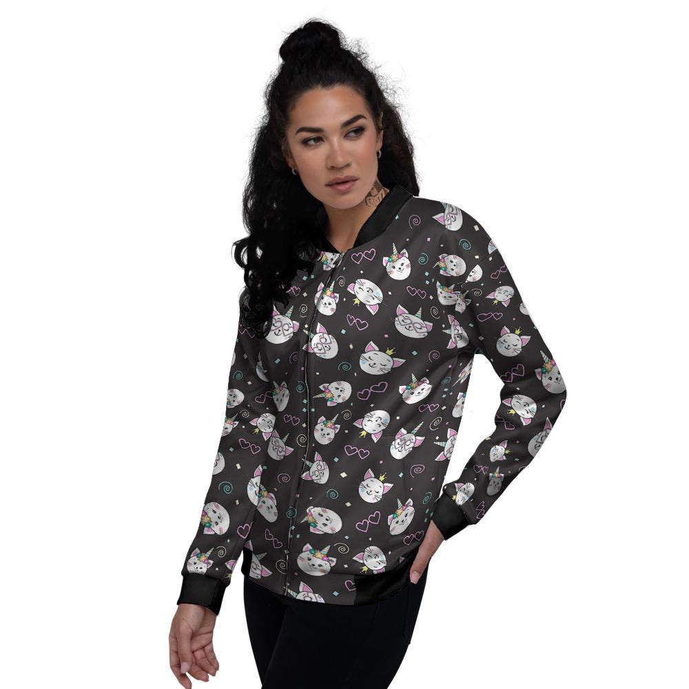 Cat Cute Black Print Pattern Women's Bomber Jacket-grizzshop