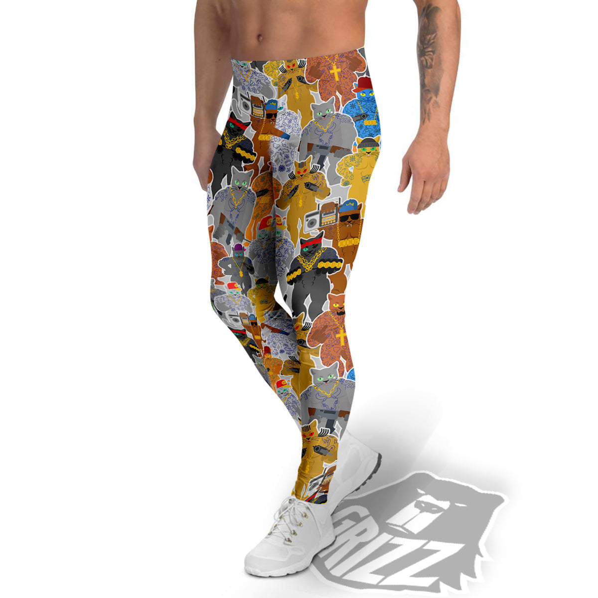 Cat Gangsta Colorful Print Pattern Men's Leggings-grizzshop