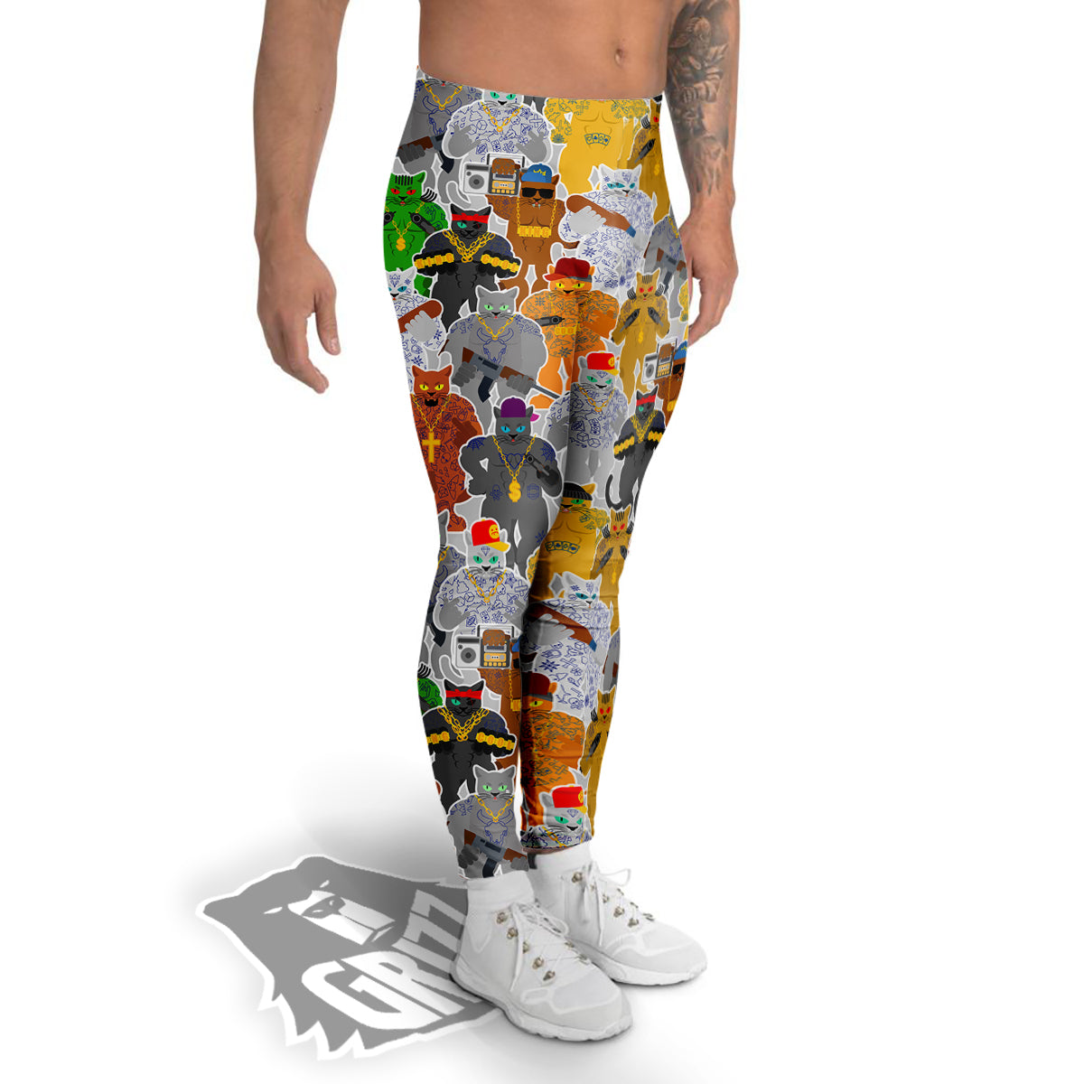 Cat Gangsta Colorful Print Pattern Men's Leggings-grizzshop