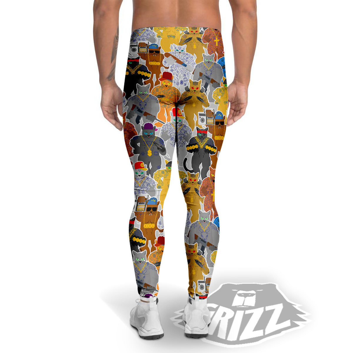 Cat Gangsta Colorful Print Pattern Men's Leggings-grizzshop
