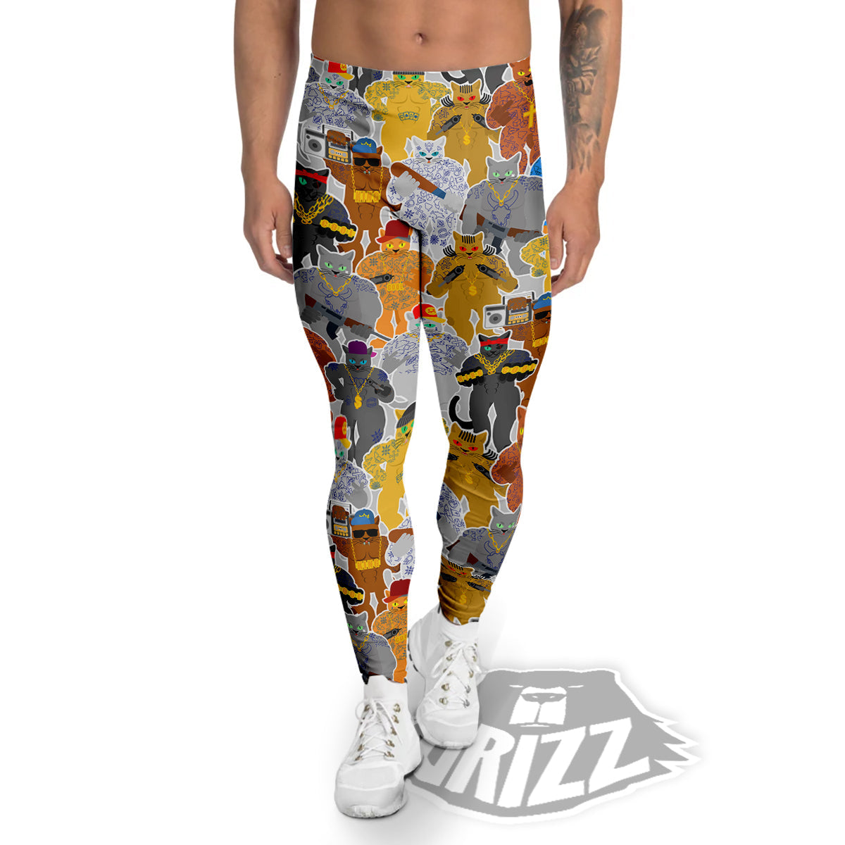 Cat Gangsta Colorful Print Pattern Men's Leggings-grizzshop