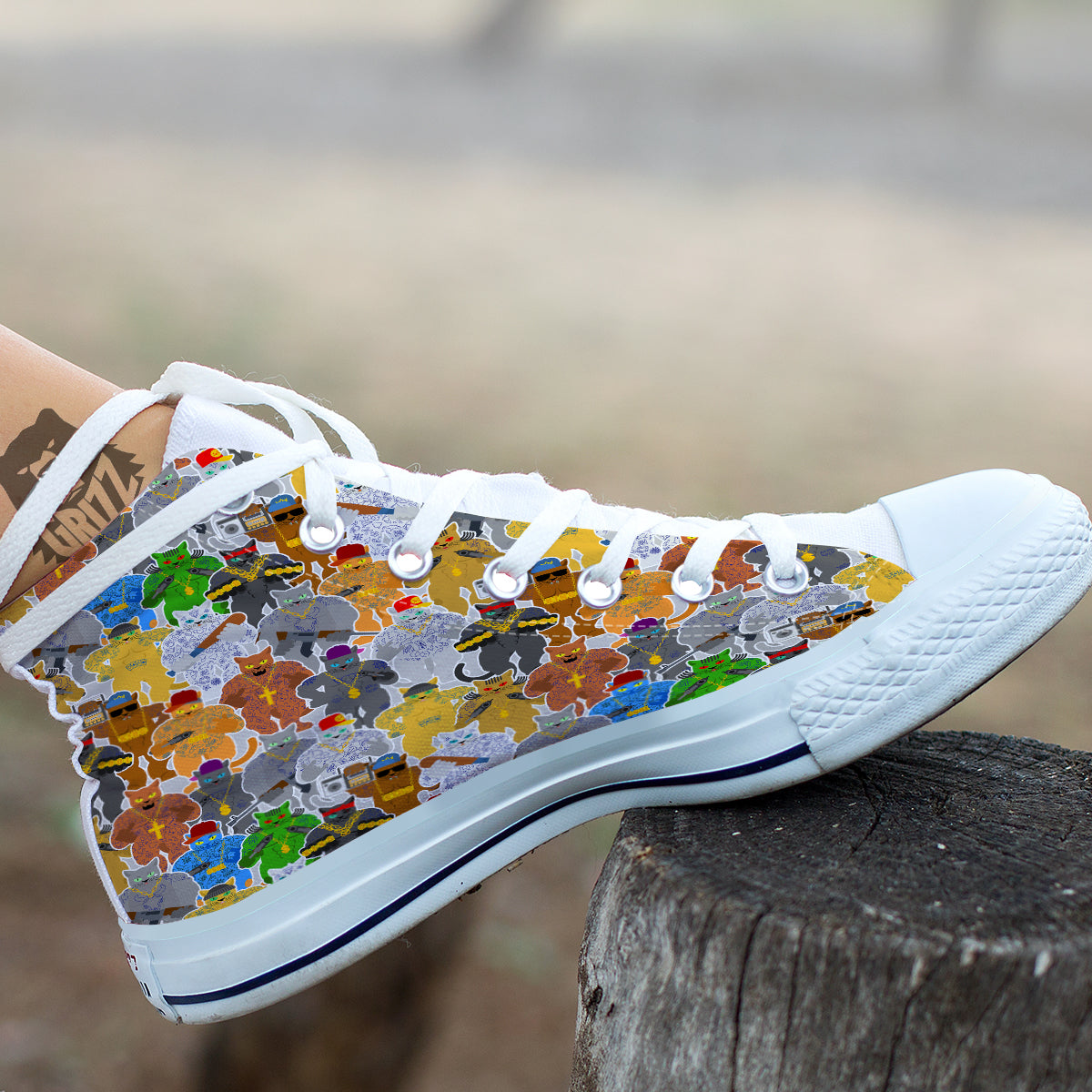 Cat Gangsta Colorful Print Pattern White High Top Shoes-grizzshop