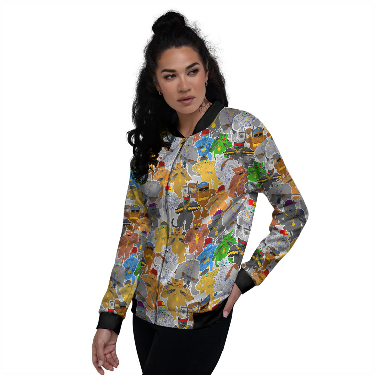 Cat Gangsta Colorful Print Pattern Women's Bomber Jacket-grizzshop
