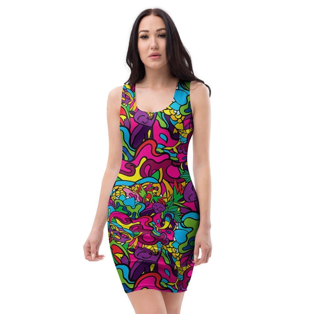 Cat Hippie Psychedelic Bodycon Dress-grizzshop