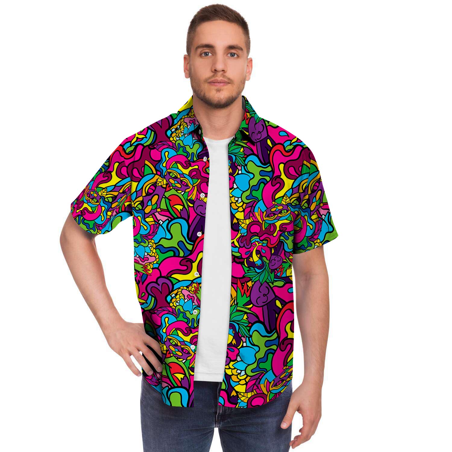 Cat Hippie Psychedelic Men's Short Sleeve Shirt-grizzshop