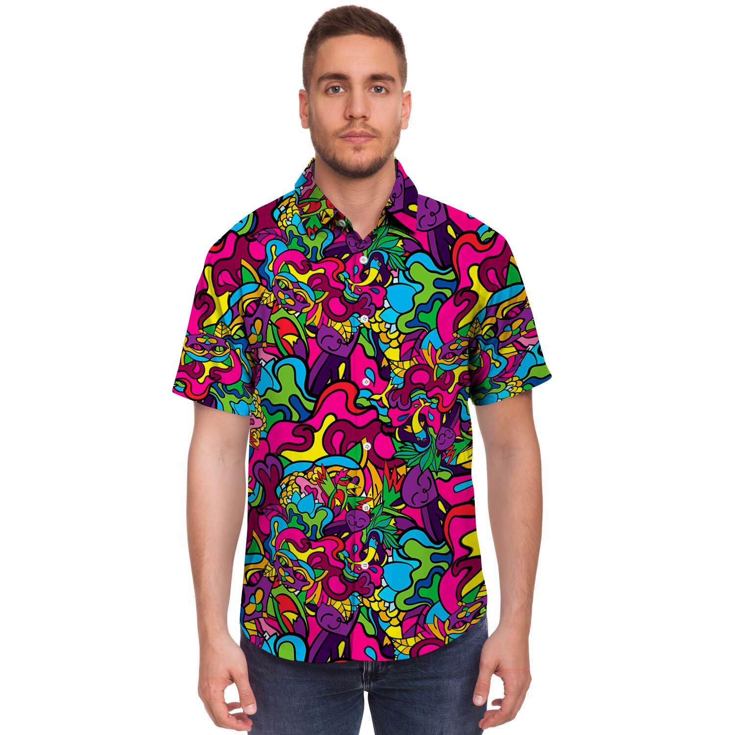 Cat Hippie Psychedelic Men's Short Sleeve Shirt-grizzshop