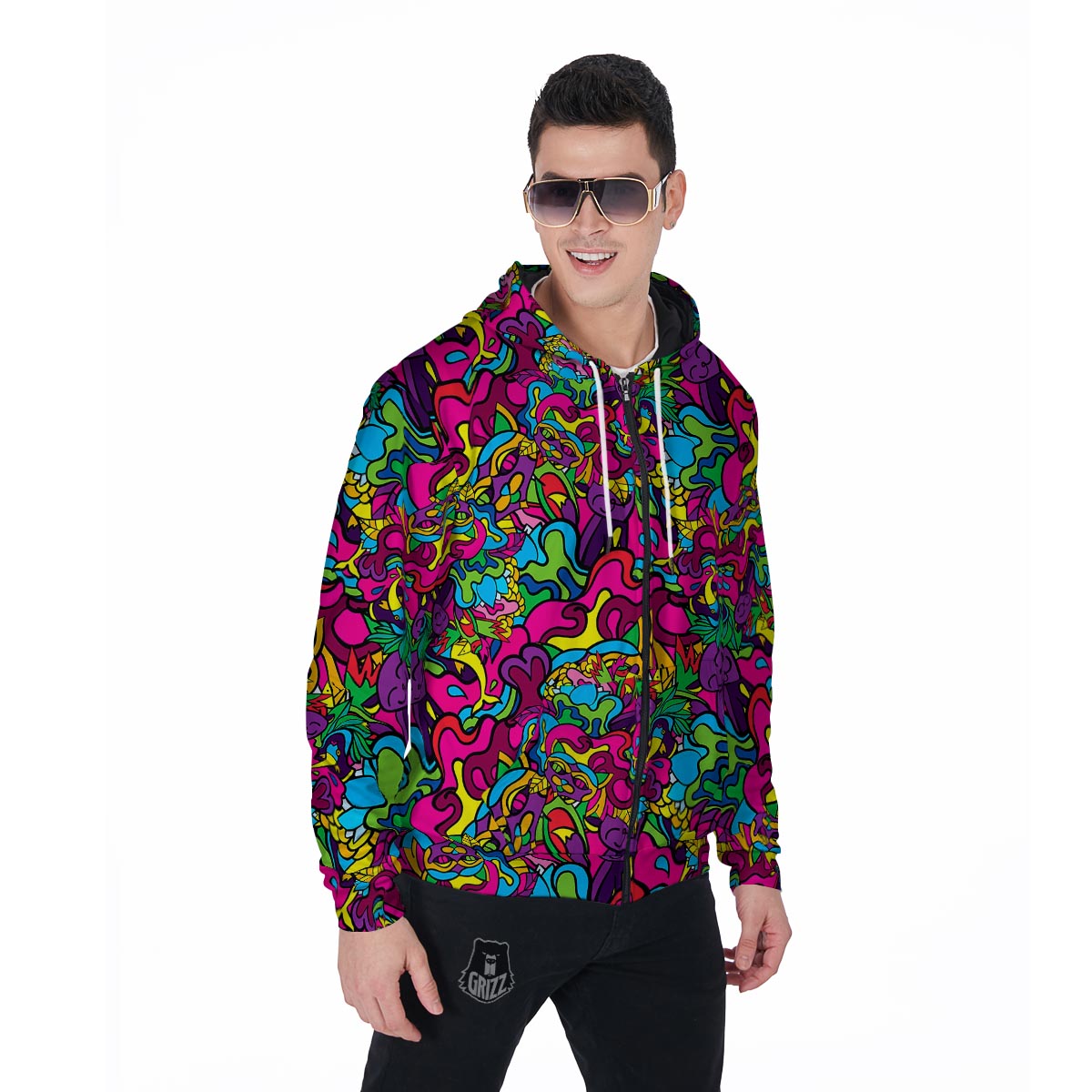 Cat Hippie Psychedelic Men's Zip Up Hoodie-grizzshop