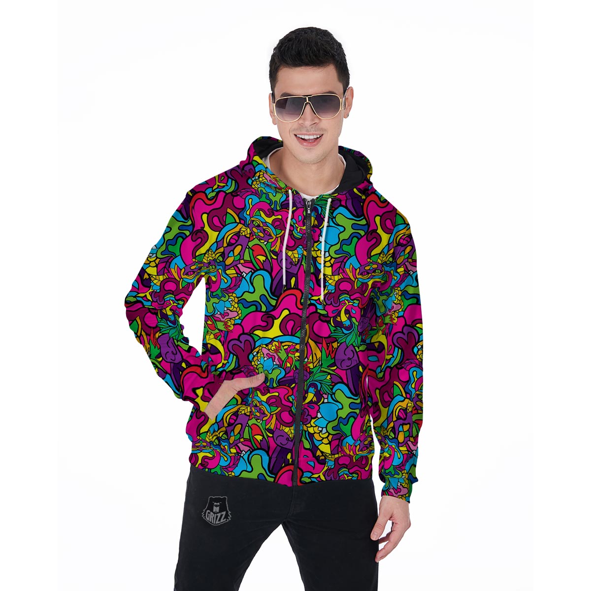 Cat Hippie Psychedelic Men's Zip Up Hoodie-grizzshop