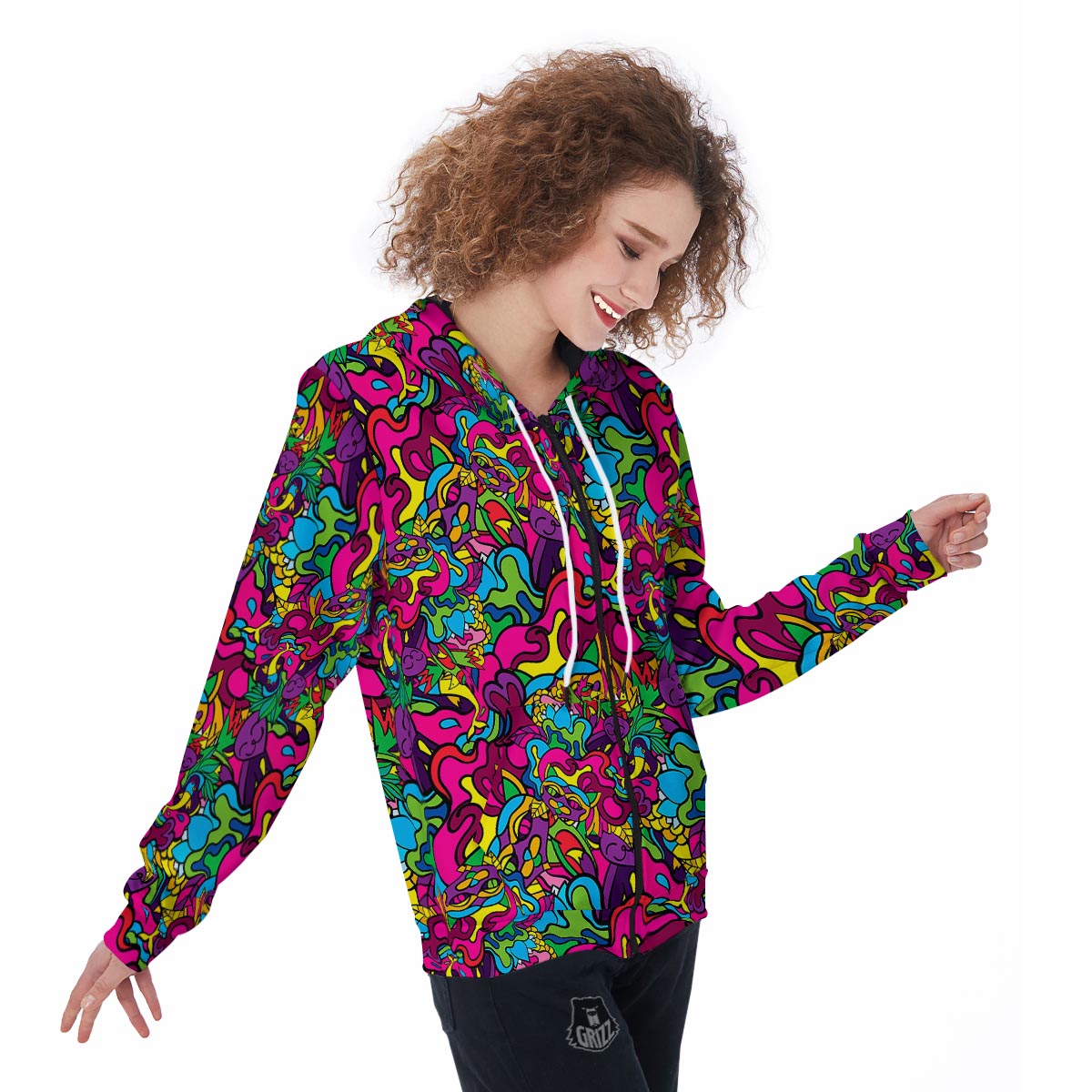 Cat Hippie Psychedelic Women's Zip Up Hoodie-grizzshop