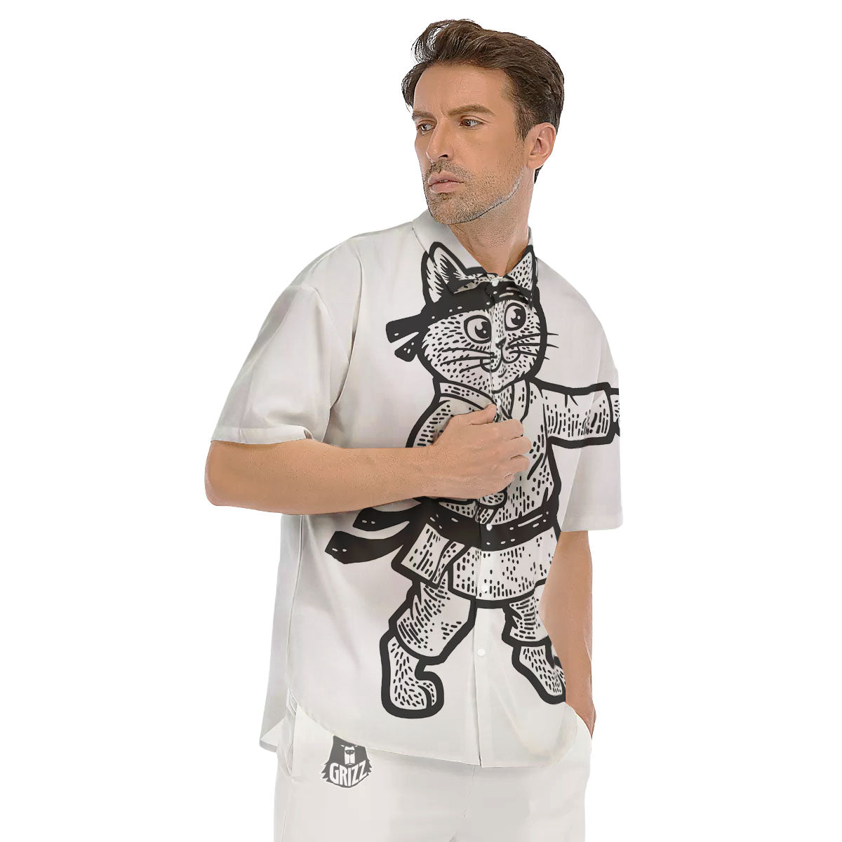 Cat Karate Print Men's Short Sleeve Shirts-grizzshop