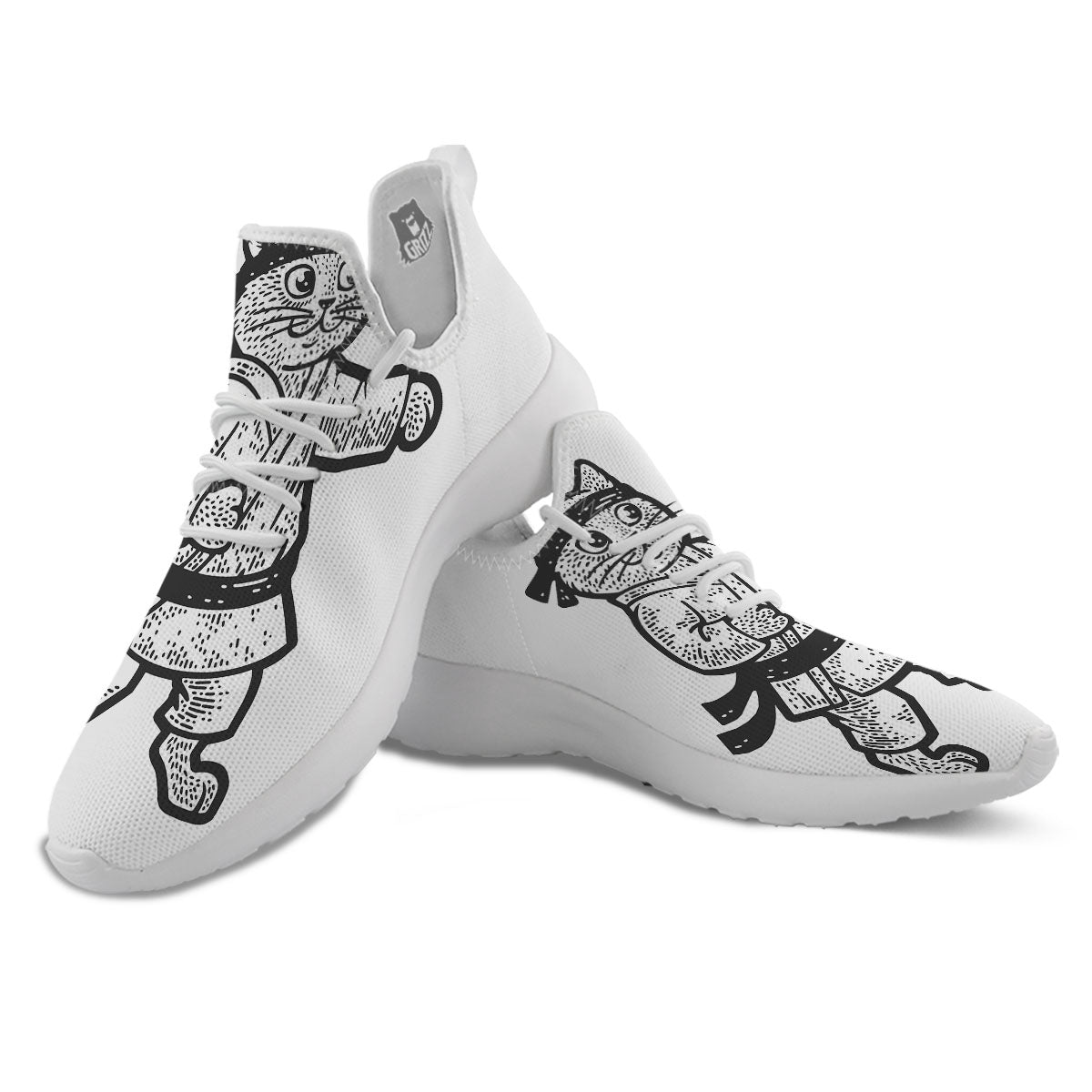 Cat Karate Print White Athletic Shoes-grizzshop