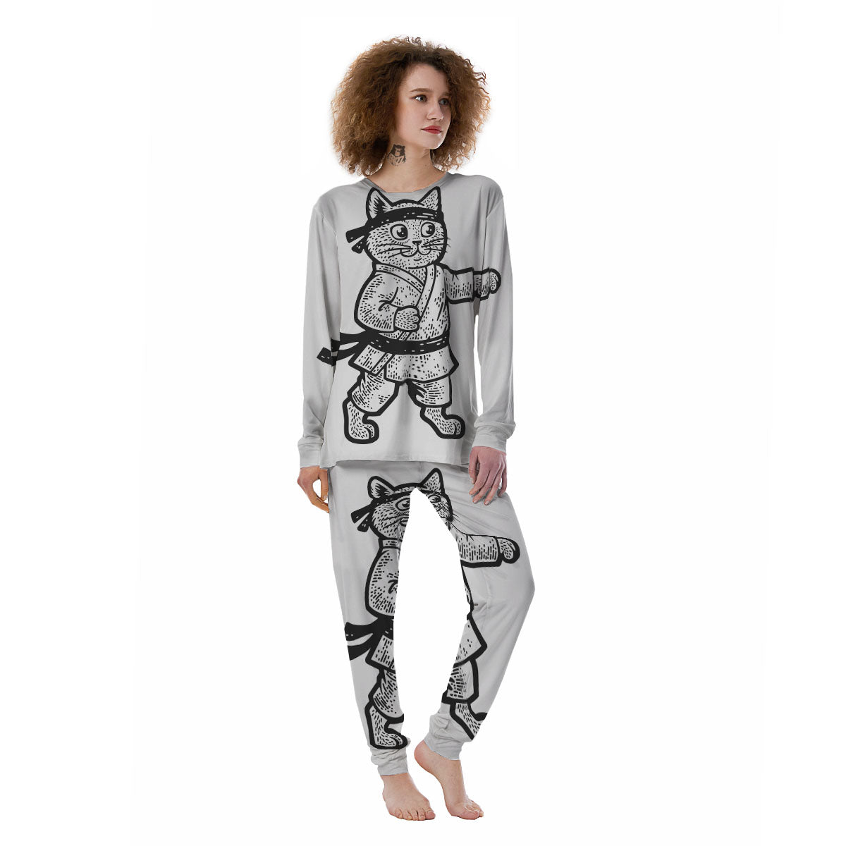 Cat Karate Print Women's Pajamas-grizzshop