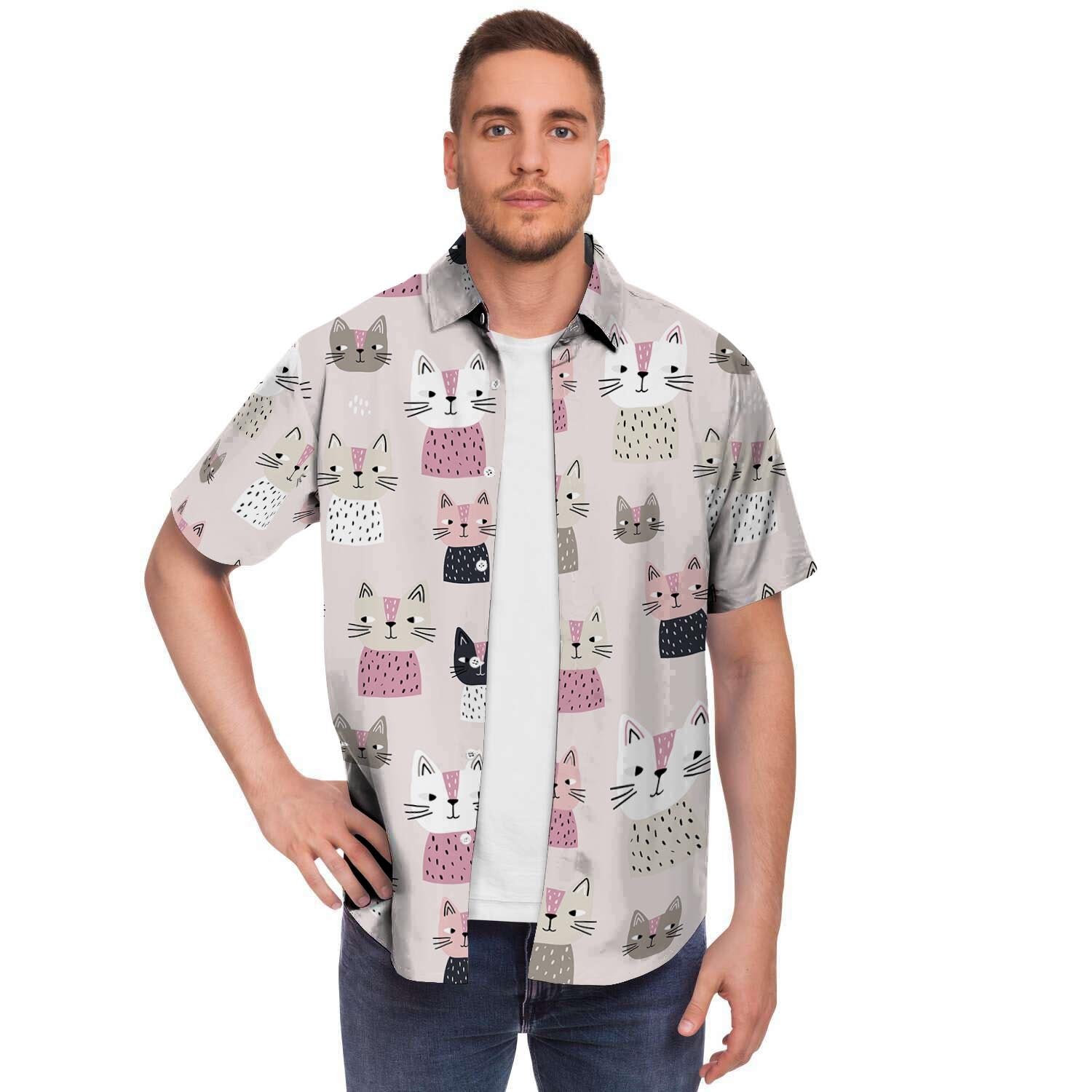 Cat Print Men's Short Sleeve Shirt-grizzshop