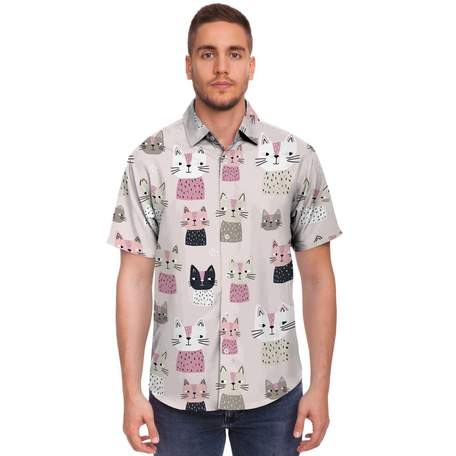 Cat Print Men's Short Sleeve Shirt-grizzshop