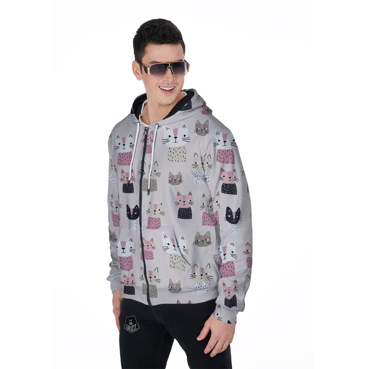 Cat Print Men's Zip Up Hoodie-grizzshop