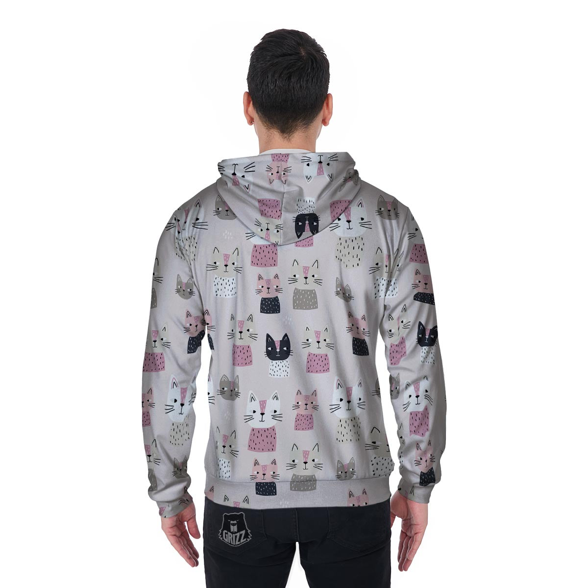 Cat Print Men's Zip Up Hoodie-grizzshop