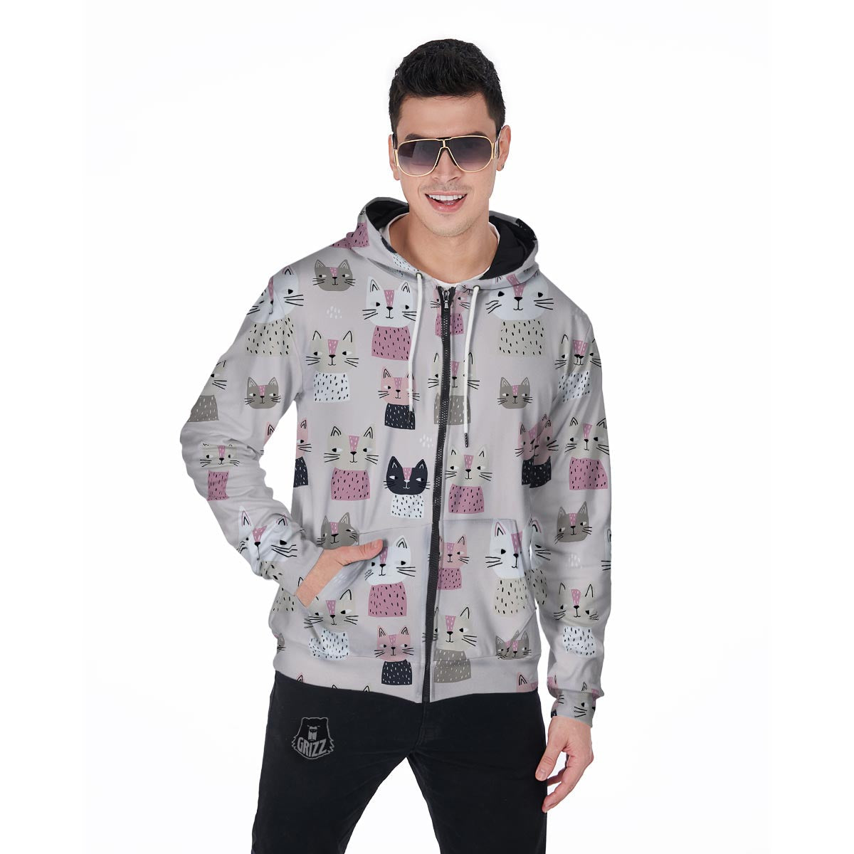 Cat Print Men's Zip Up Hoodie-grizzshop