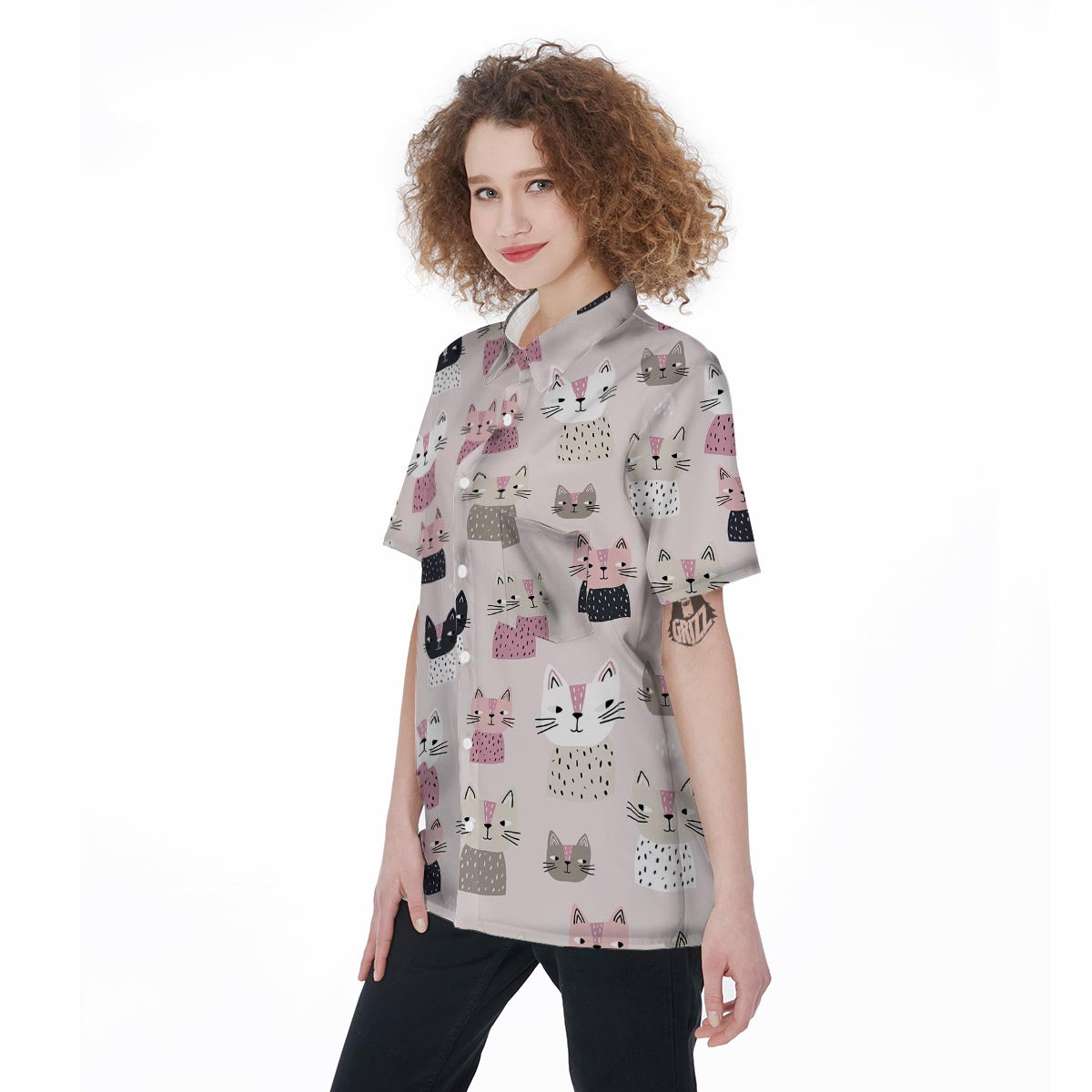 Cat Print Women's Short Sleeve Shirts-grizzshop