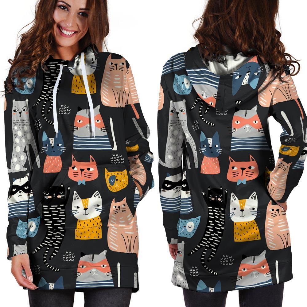 Cat Style Print Hoodie Dress-grizzshop