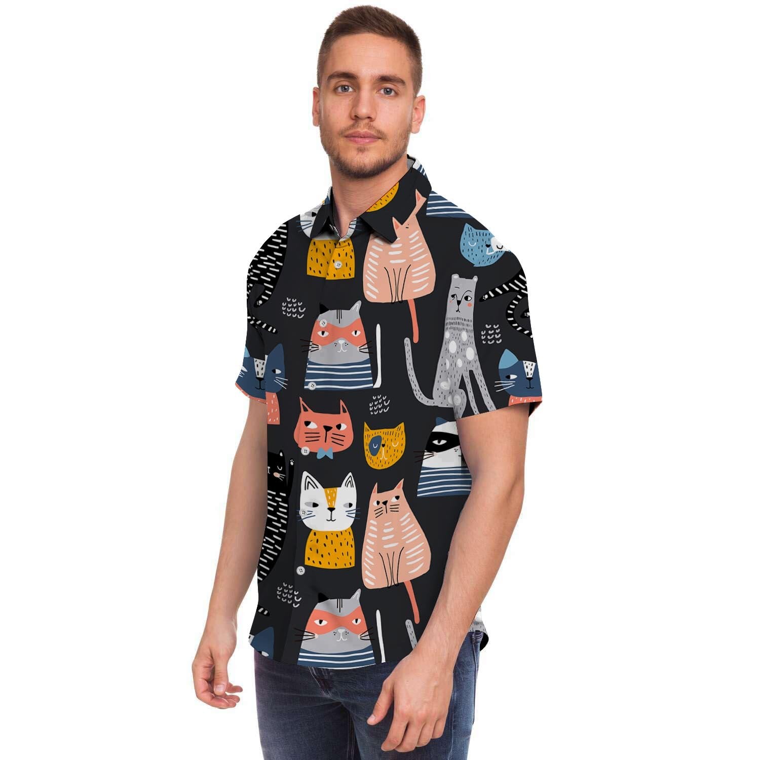 Cat Style Print Men's Short Sleeve Shirt-grizzshop