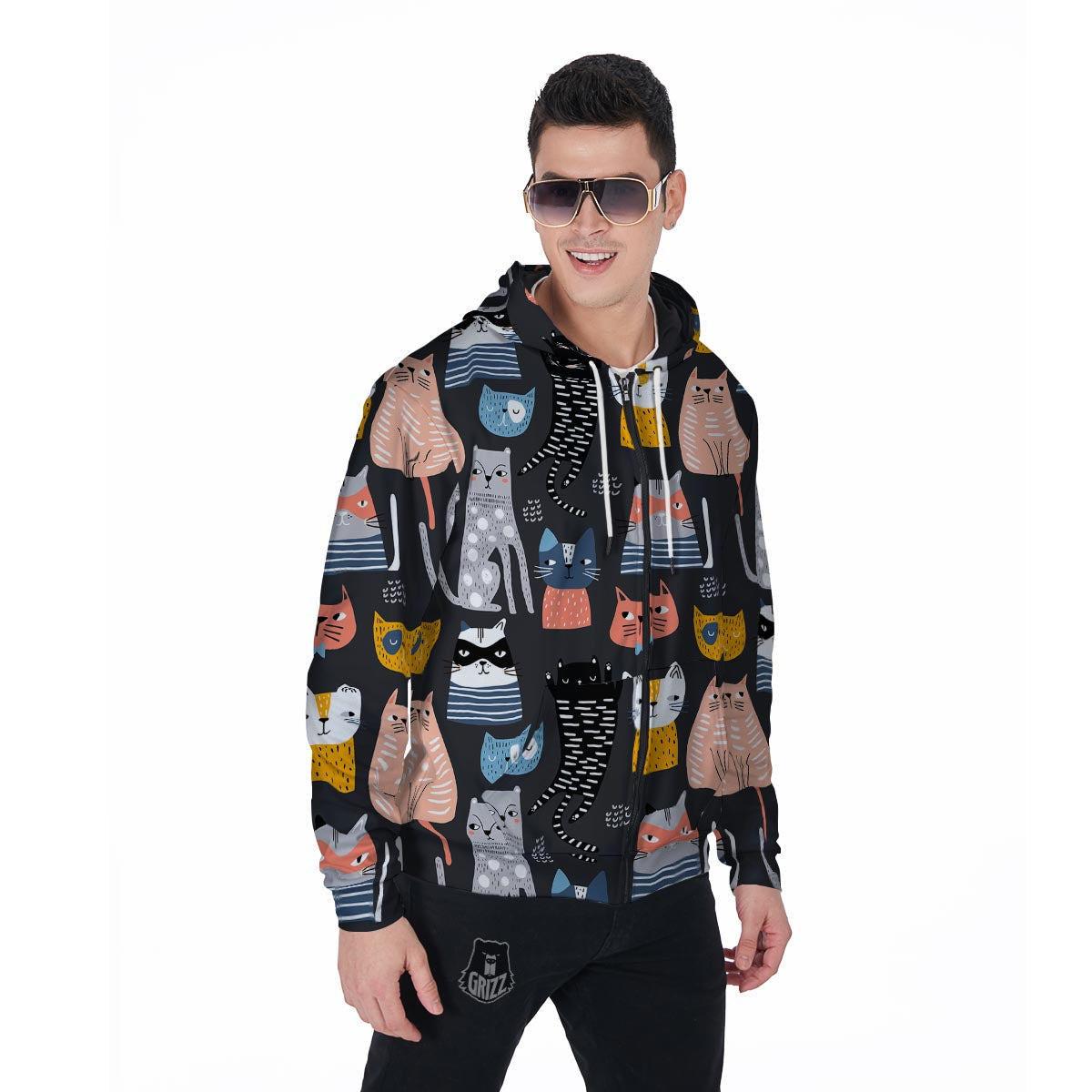 Cat Style Print Men's Zip Up Hoodie-grizzshop