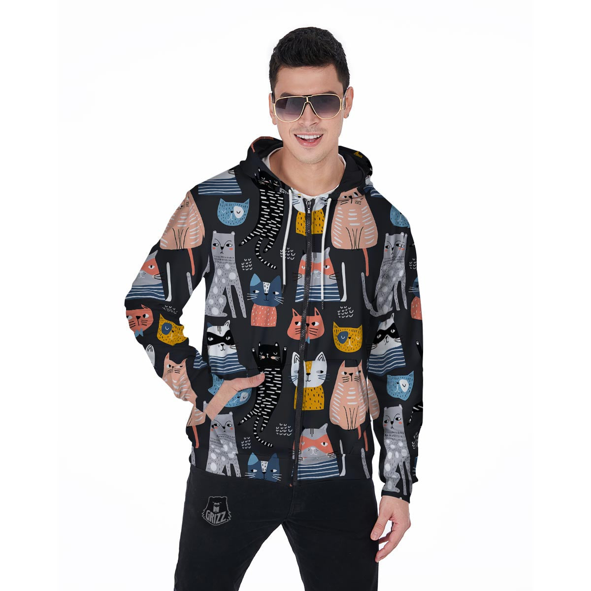 Cat Style Print Men's Zip Up Hoodie-grizzshop