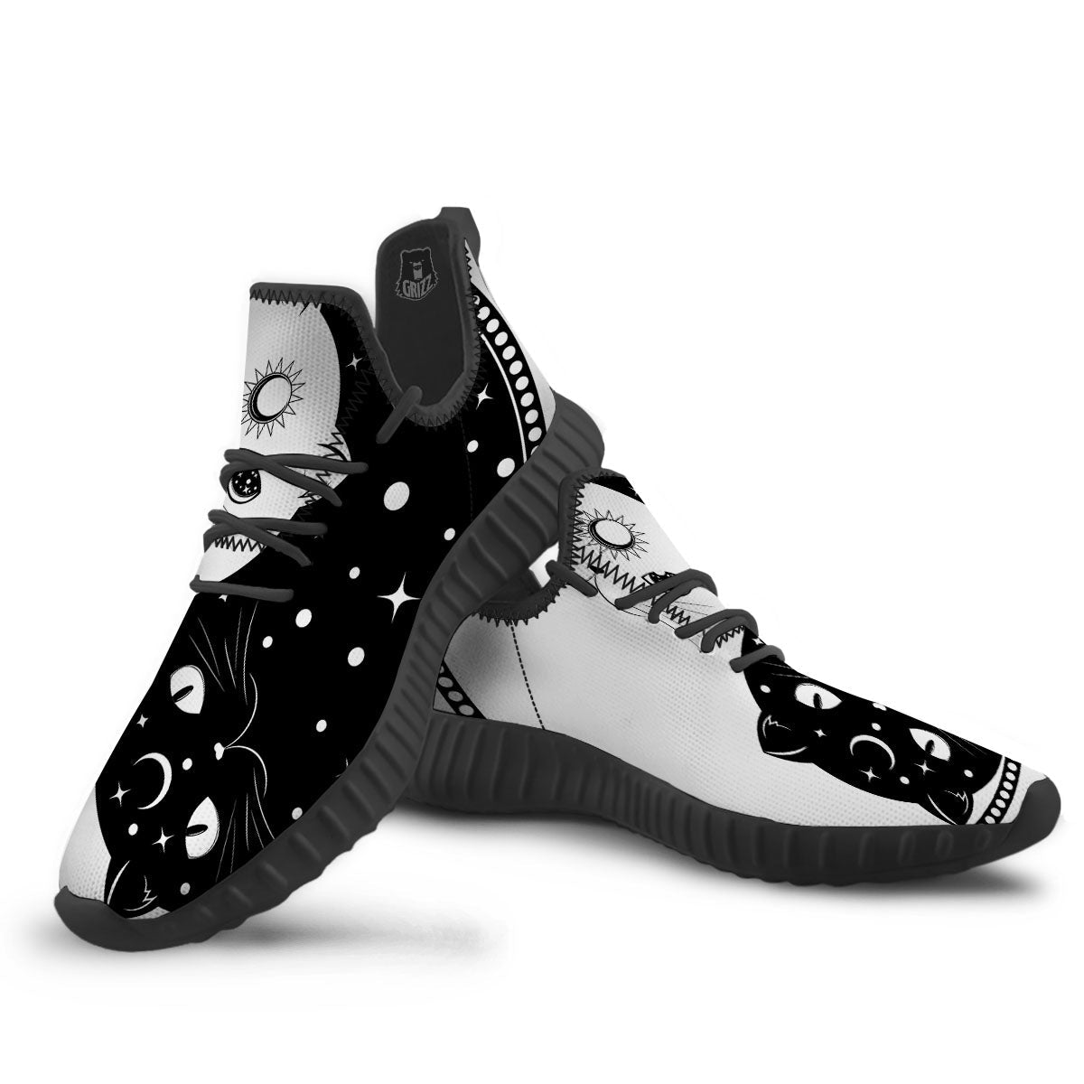 Cat Yin Yang White And Black Print Black Walking Shoes-grizzshop
