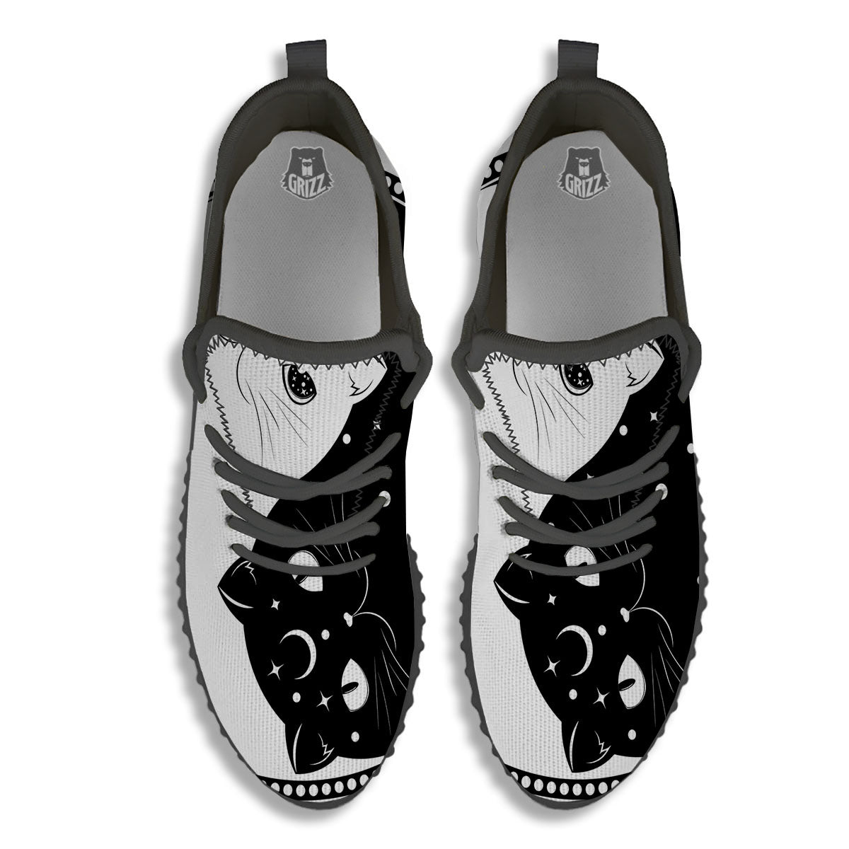 Cat Yin Yang White And Black Print Black Walking Shoes-grizzshop