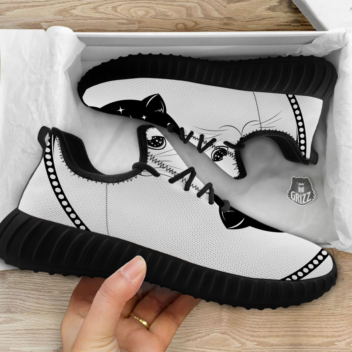 Cat Yin Yang White And Black Print Black Walking Shoes-grizzshop