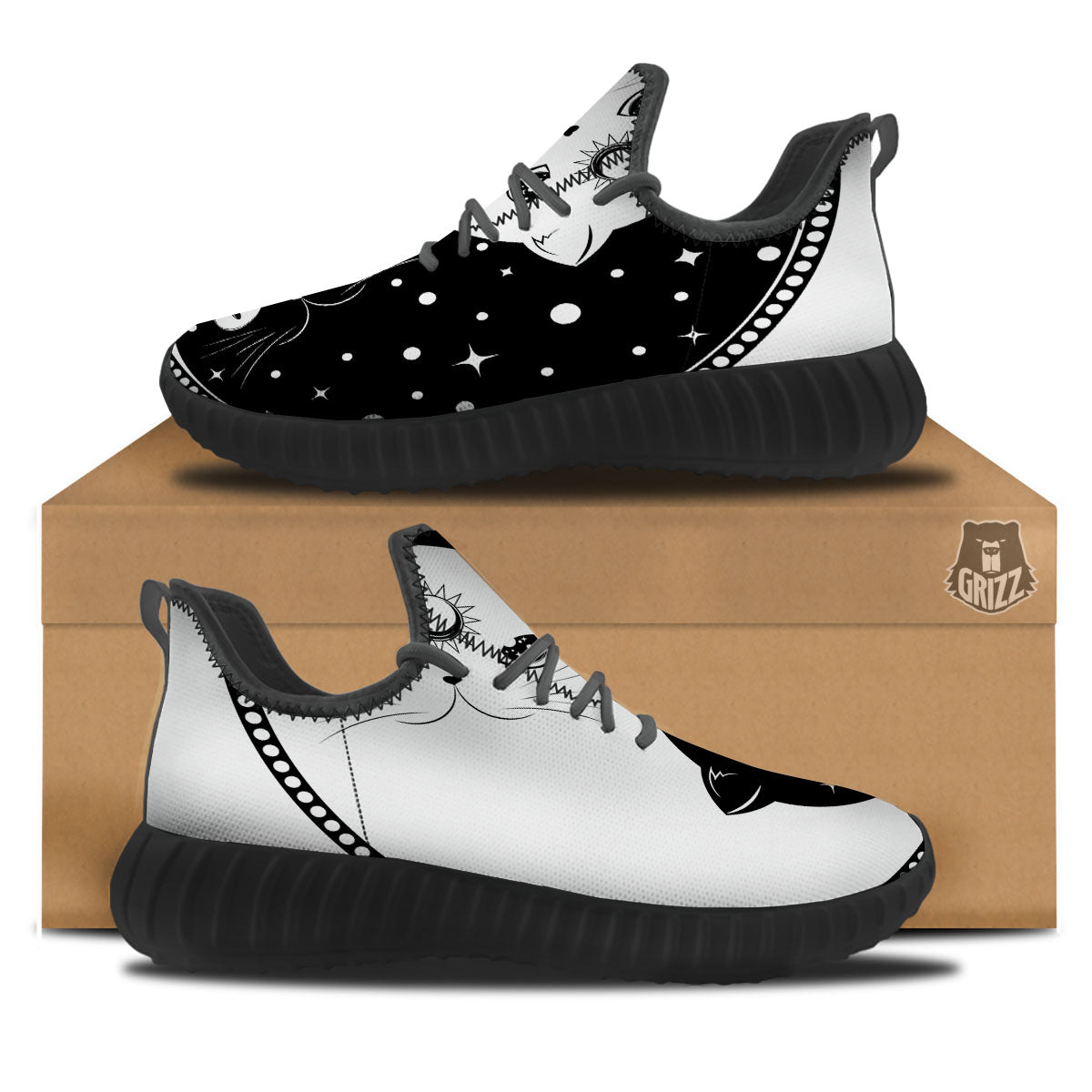 Cat Yin Yang White And Black Print Black Walking Shoes-grizzshop