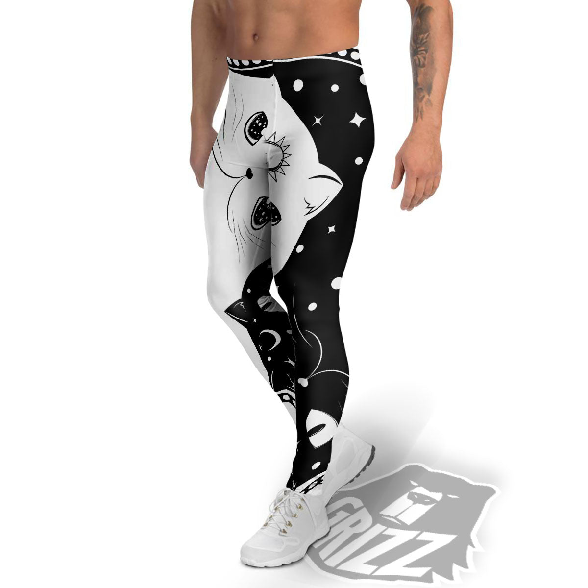 Cat Yin Yang White And Black Print Men's Leggings-grizzshop