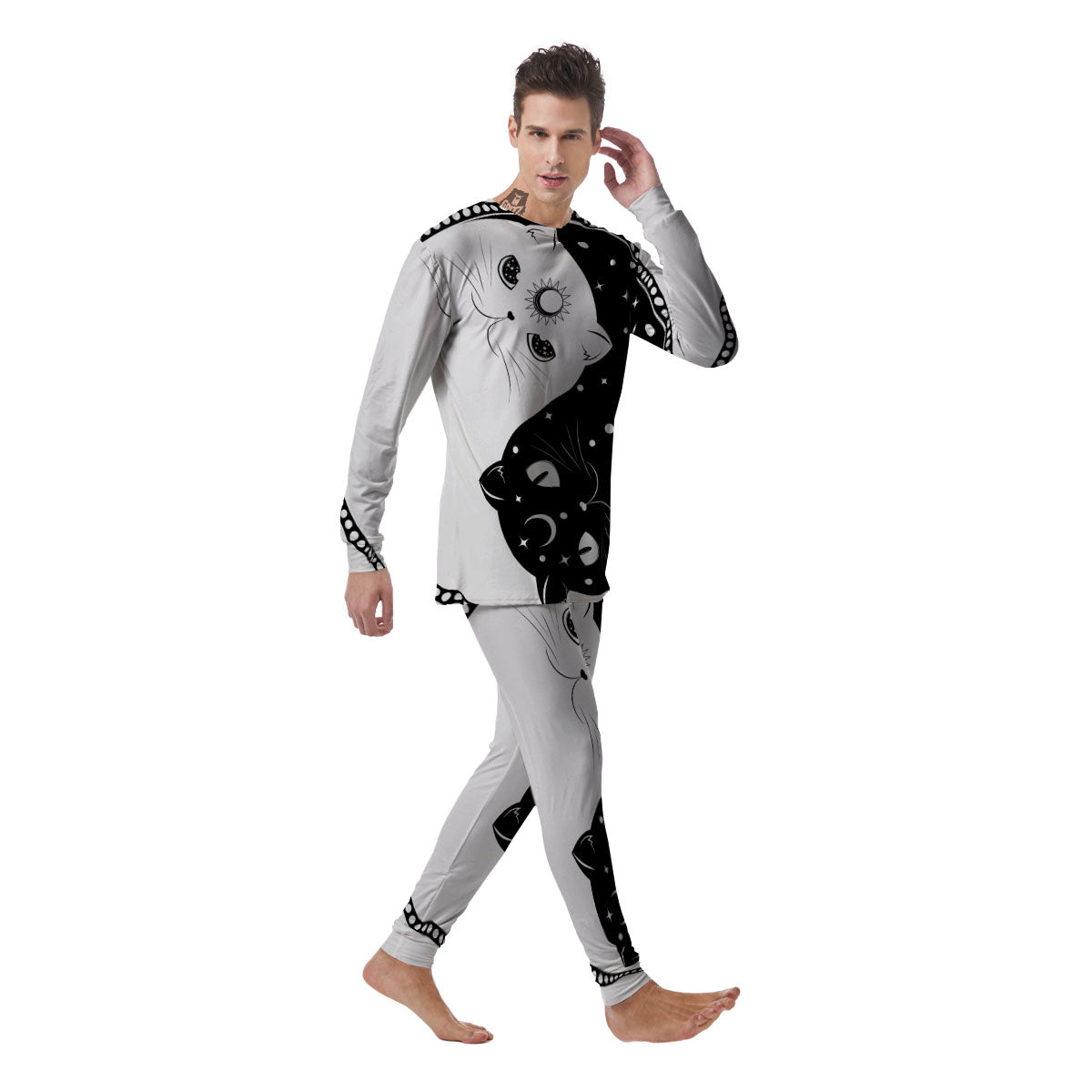 Cat Yin Yang White And Black Print Men's Pajamas-grizzshop