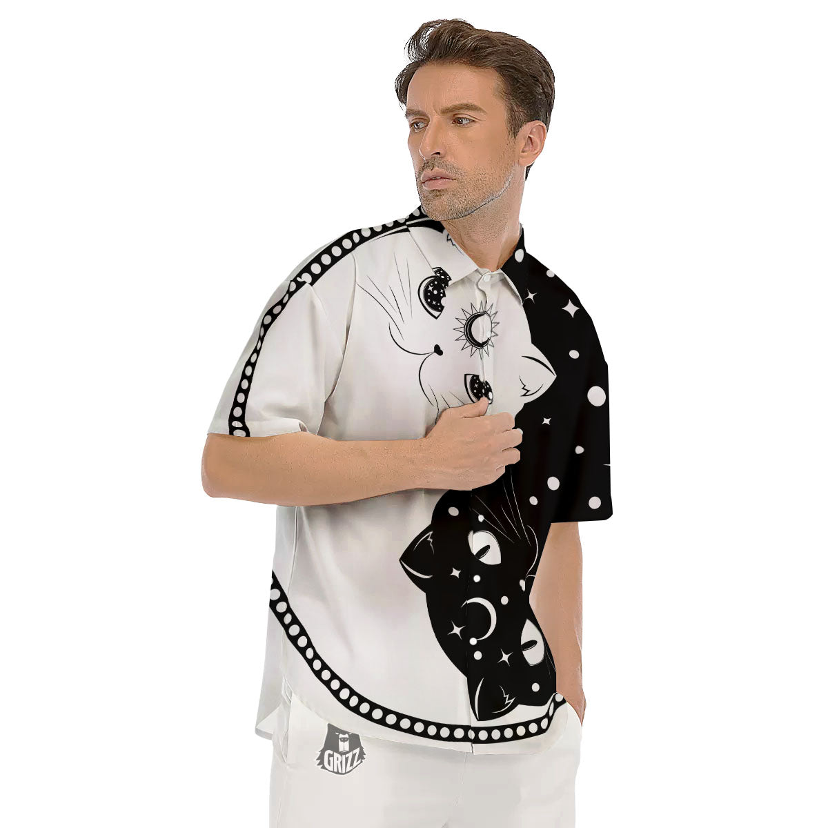 Cat Yin Yang White And Black Print Men's Short Sleeve Shirts-grizzshop