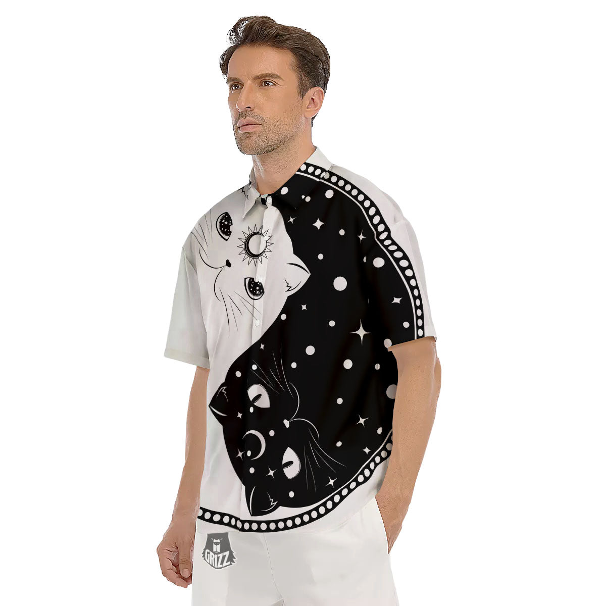 Cat Yin Yang White And Black Print Men's Short Sleeve Shirts-grizzshop