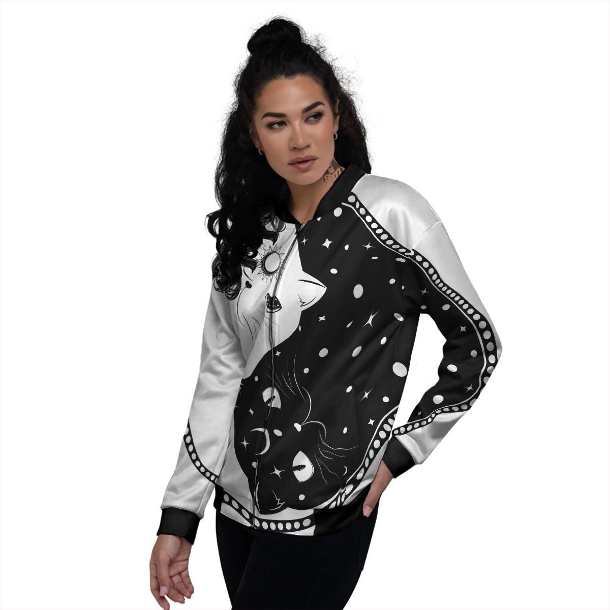 Cat Yin Yang White And Black Print Women's Bomber Jacket-grizzshop