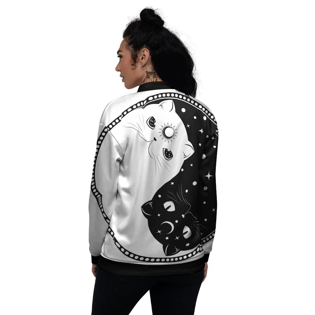Cat Yin Yang White And Black Print Women's Bomber Jacket-grizzshop