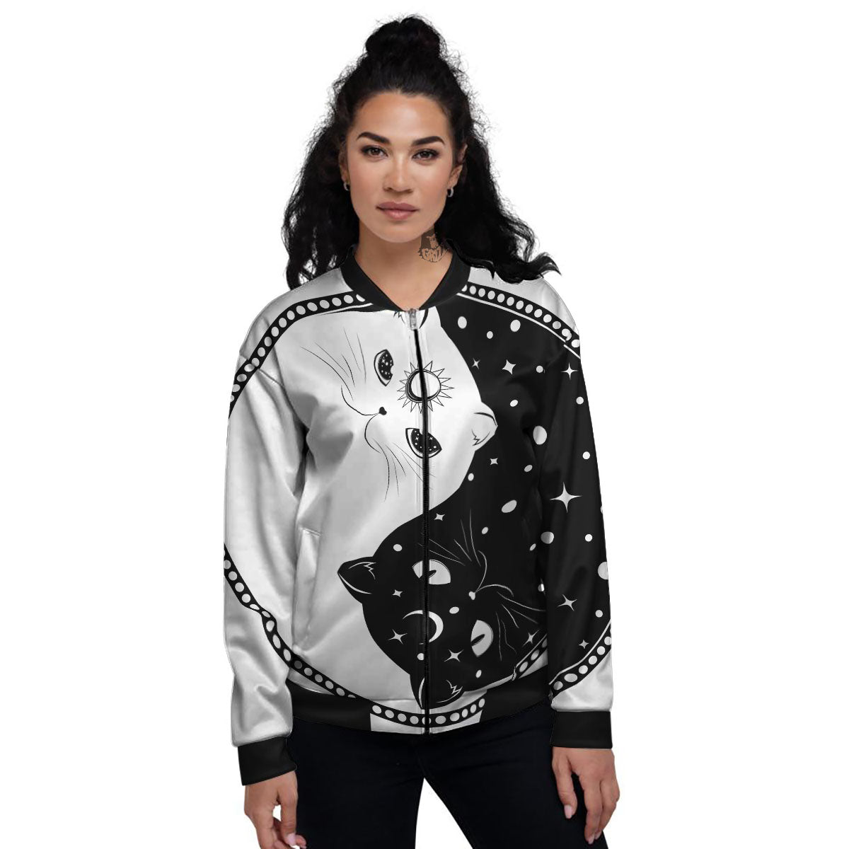 Cat Yin Yang White And Black Print Women's Bomber Jacket-grizzshop
